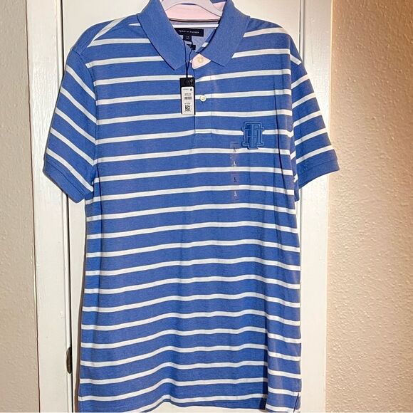 NWT Tommy Hilfiger Men’s Polo blue and white Stripes SZ Large - Picture 1 of 8